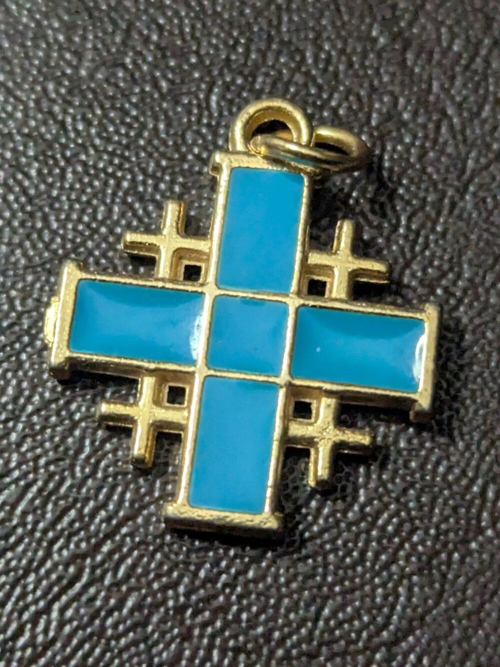 Vintage blue enamel Jerusalem cross gold tone pendant